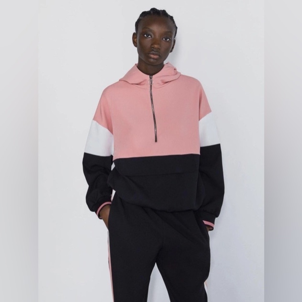 NWT ZARA Women’s Pink Black White Colorblock Jacket Hoodie Top XS X-Small‎ 0 2 4
